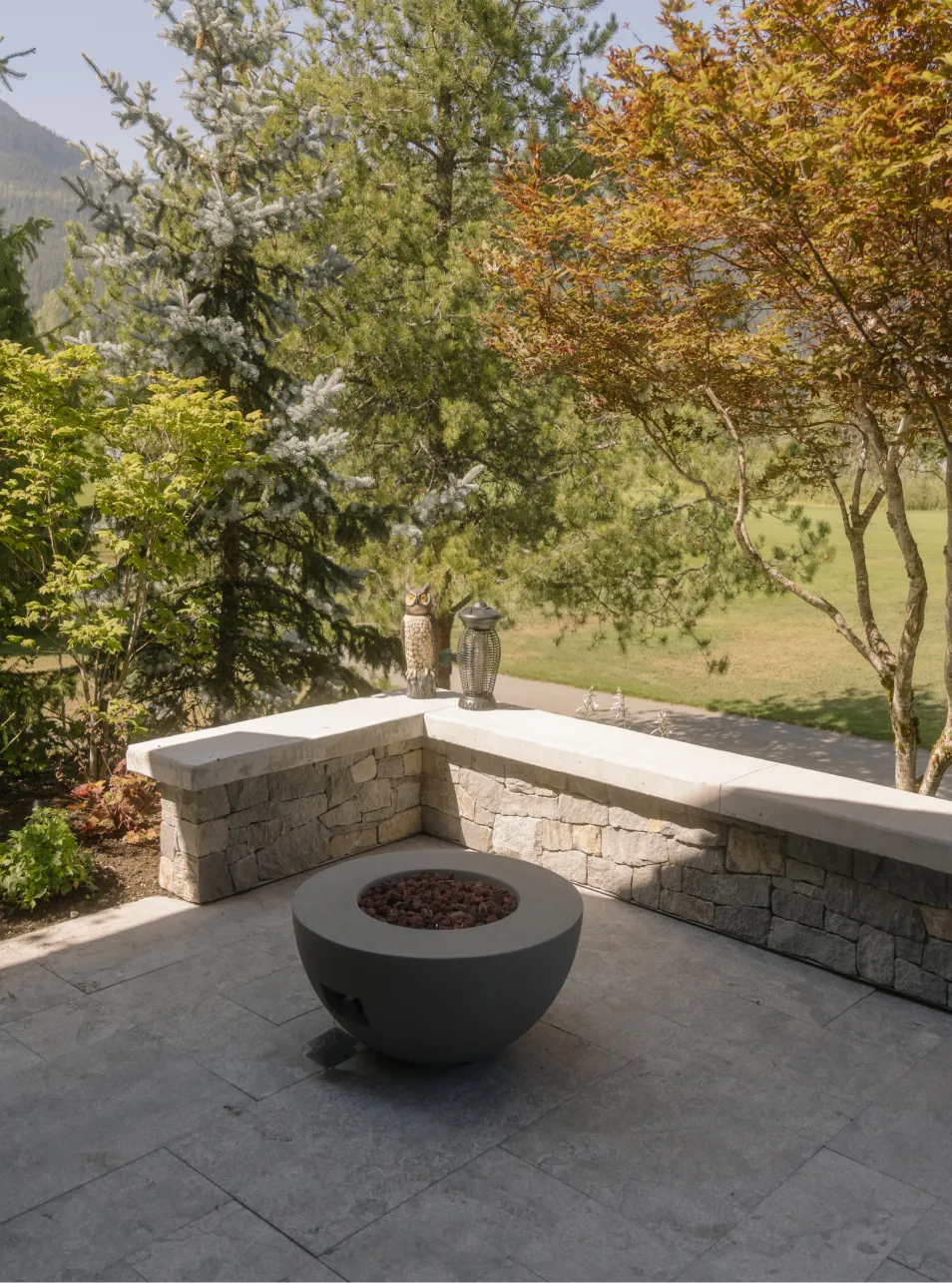 Concrete firepit patio mountain view