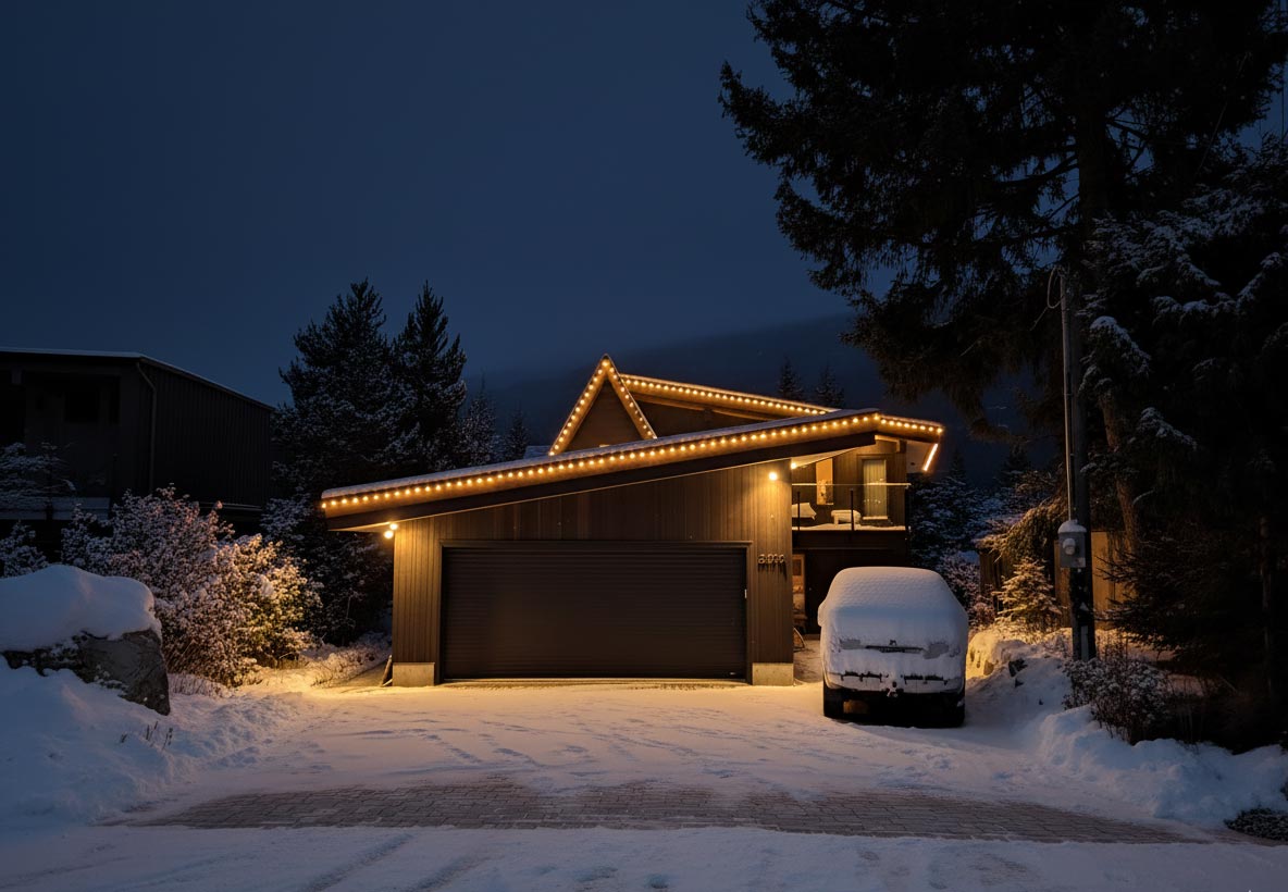 Holiday lights timber home night 1
