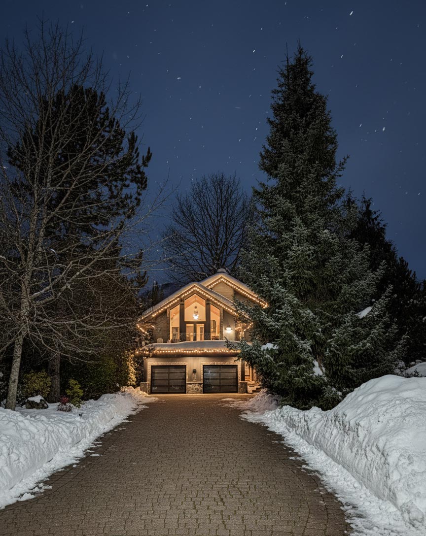 Holiday lights timber home night 2