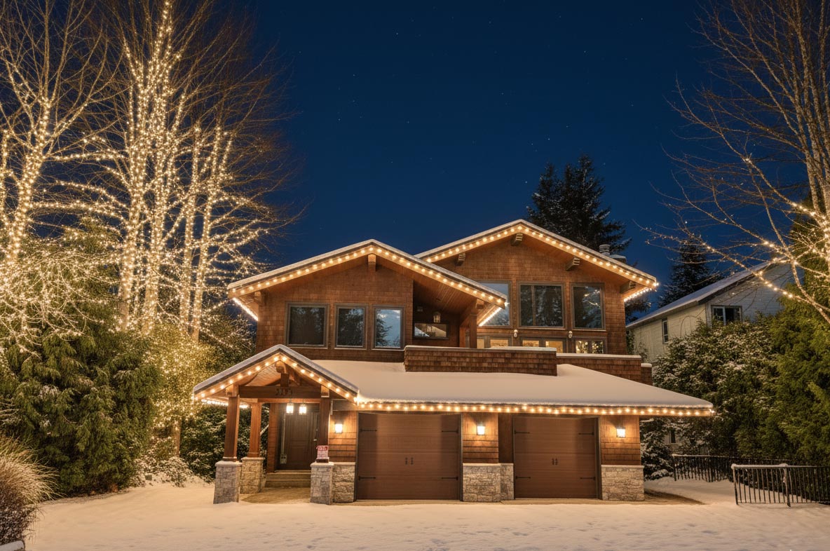 Holiday lights timber home night 3