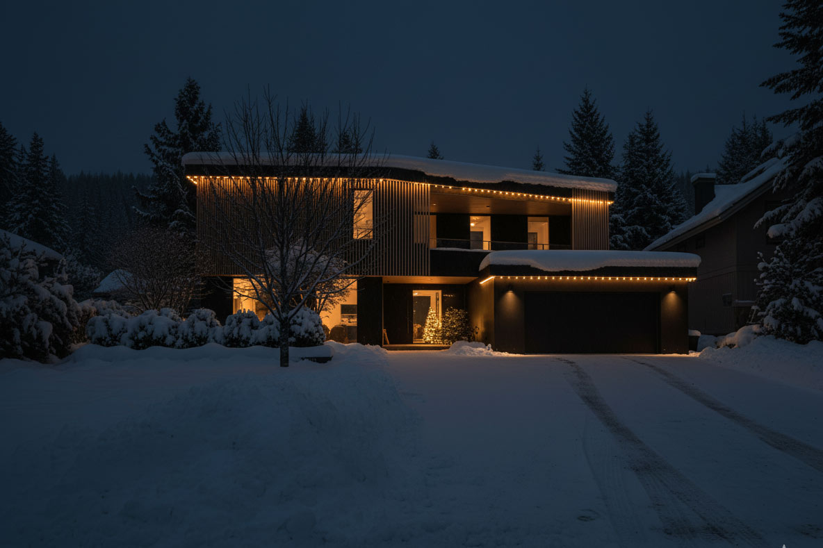 Holiday lights timber home night 4