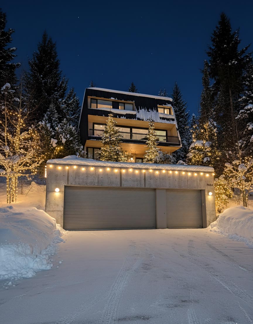 Holiday lights timber home night 5