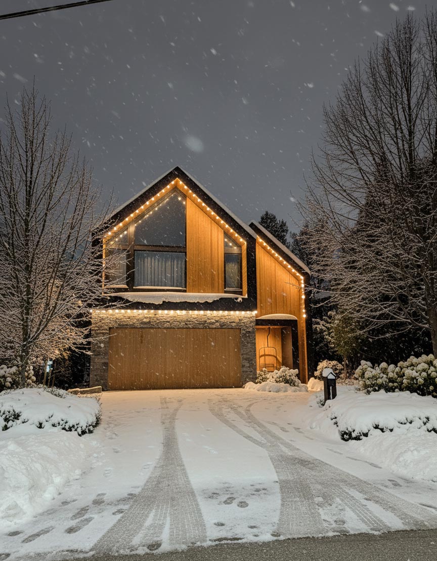 Holiday lights timber home night 6